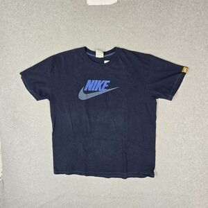 VINTAGE Nike Men Shirt XL Navy Blue Graphic Nike Swoosh Logo Short Sleeve Y2K